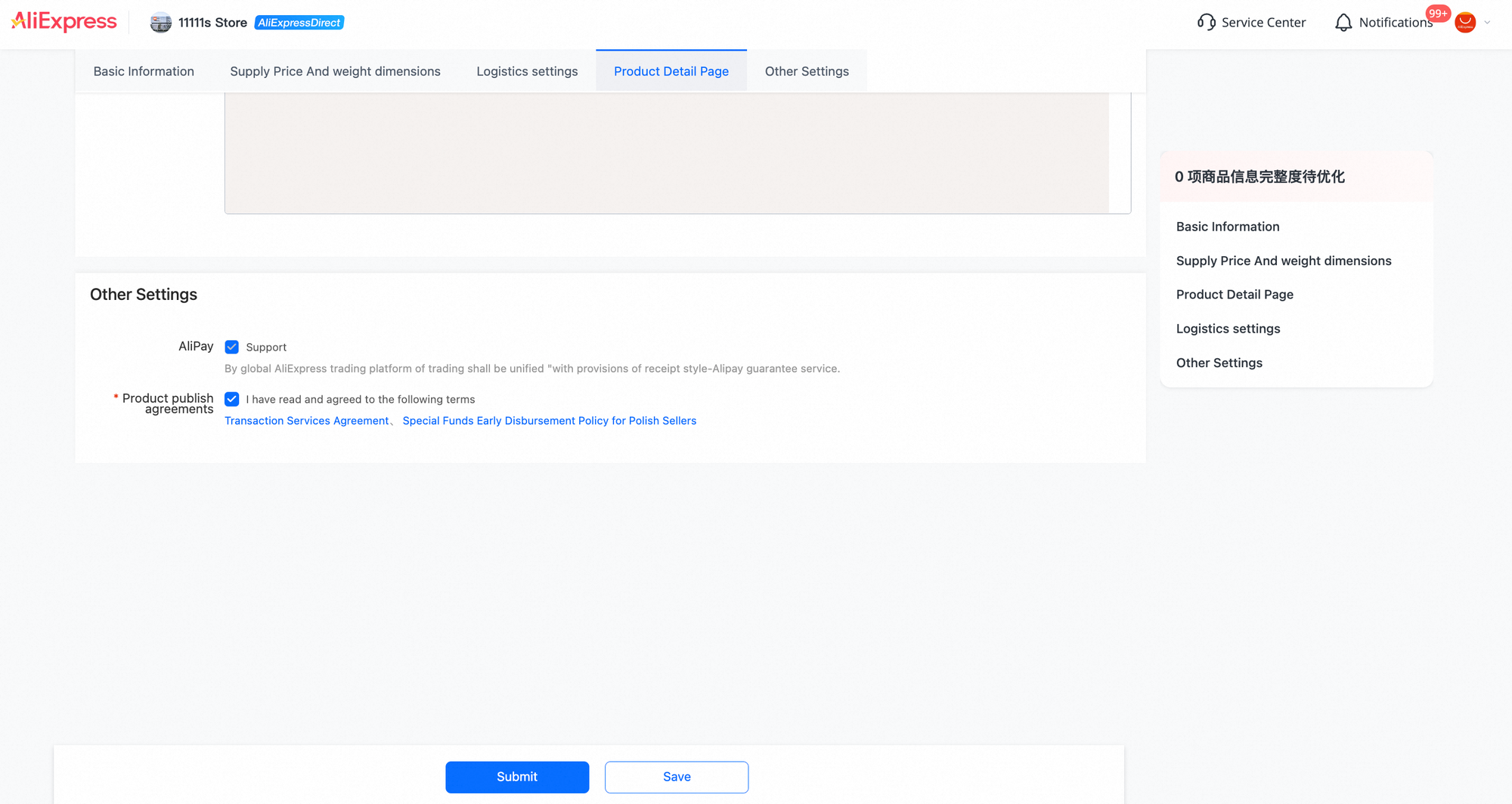 Full screenshot. Other Settings with AliPay, product agreements, a Polish Sellers policy link, Submit and Save.