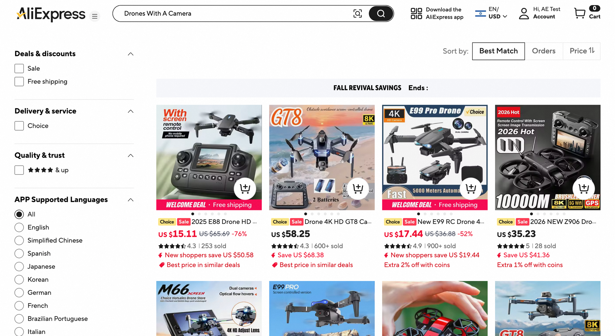 Full screenshot. Buyer search results showing product images, shortened titles, prices and filters.