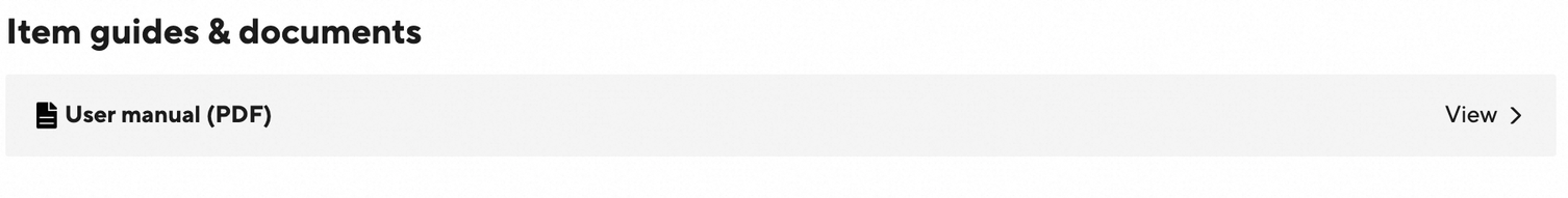 Focus crop. Item guides & documents → User manual (PDF) → View. The attachment itself was not opened in these screenshots.